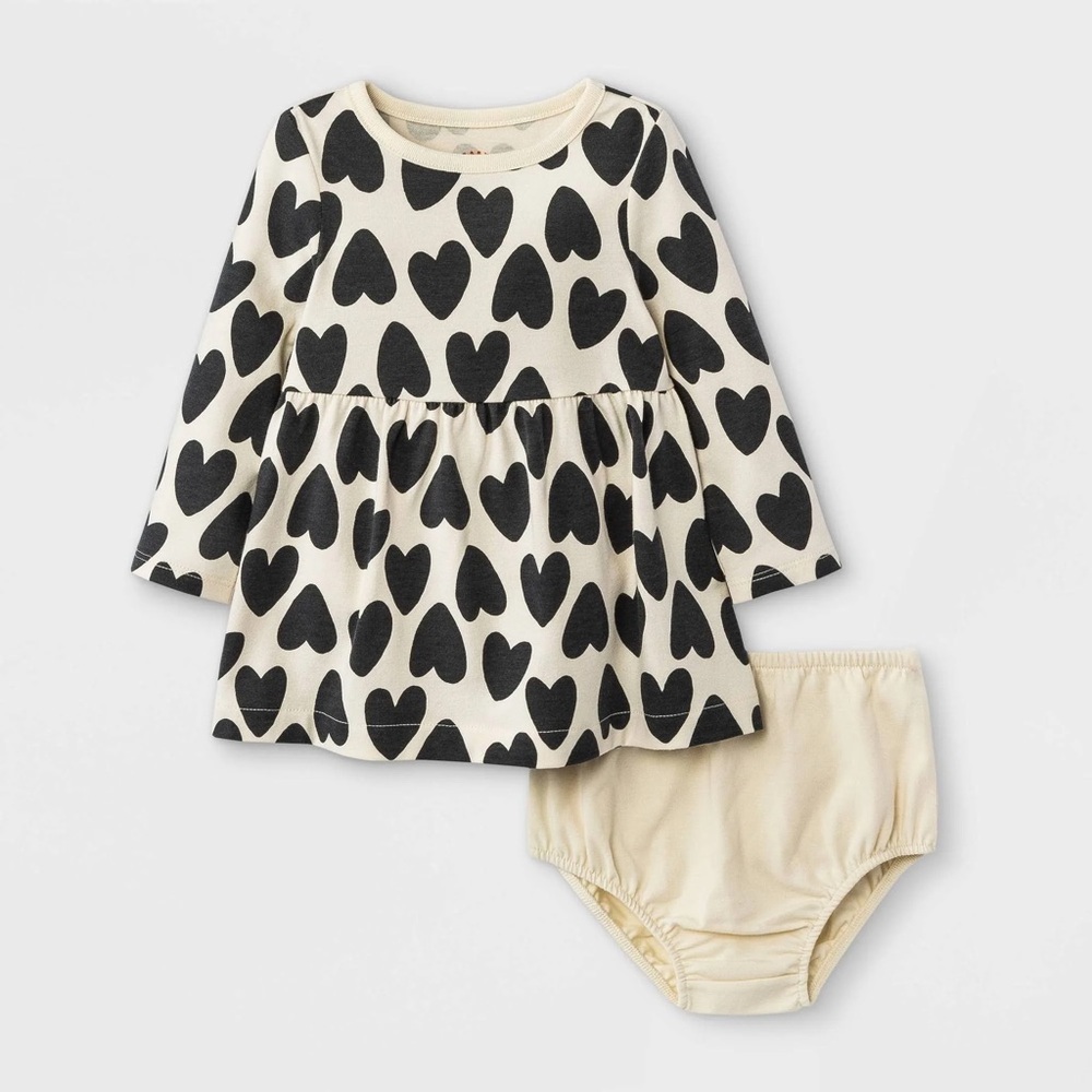 Cat & Jack Long Sleeve Heart Print Dress with Diaper Cover Cream Gray Size 3-6M